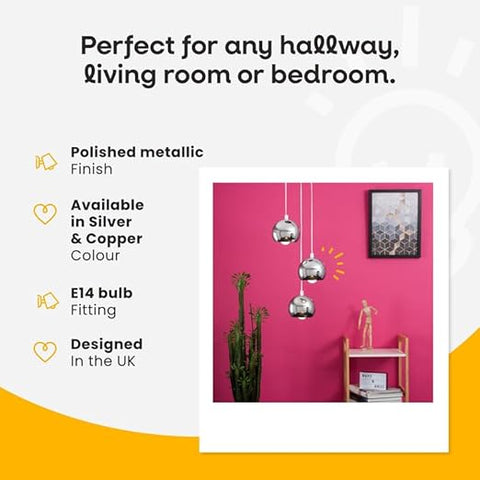 Advertisement for decorative hanging lights with text on a pink wall background