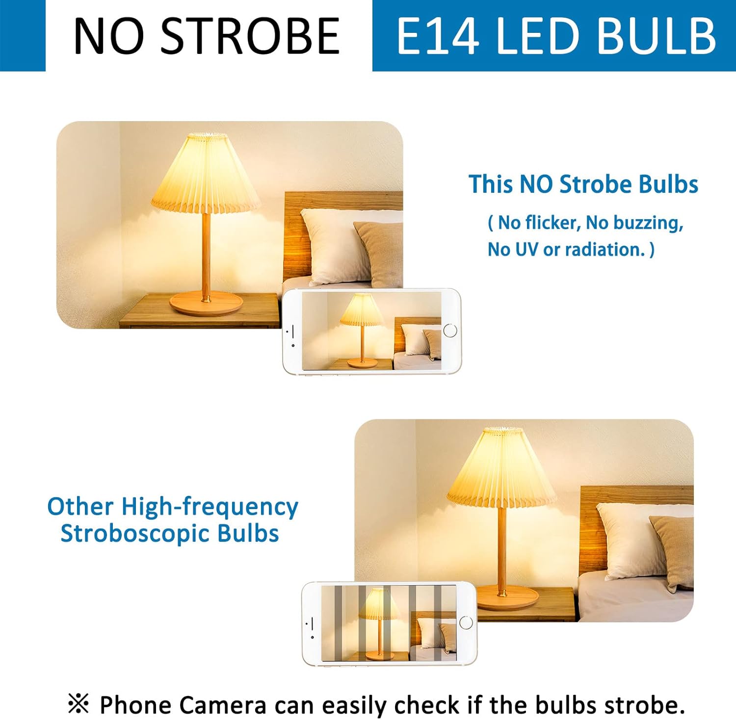 Advertisement for E14 LED bulbs with a lamp and phone showing no strobe effect.