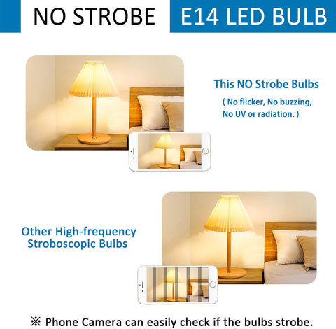 Advertisement for E14 LED bulbs with a lamp and phone showing no strobe effect.