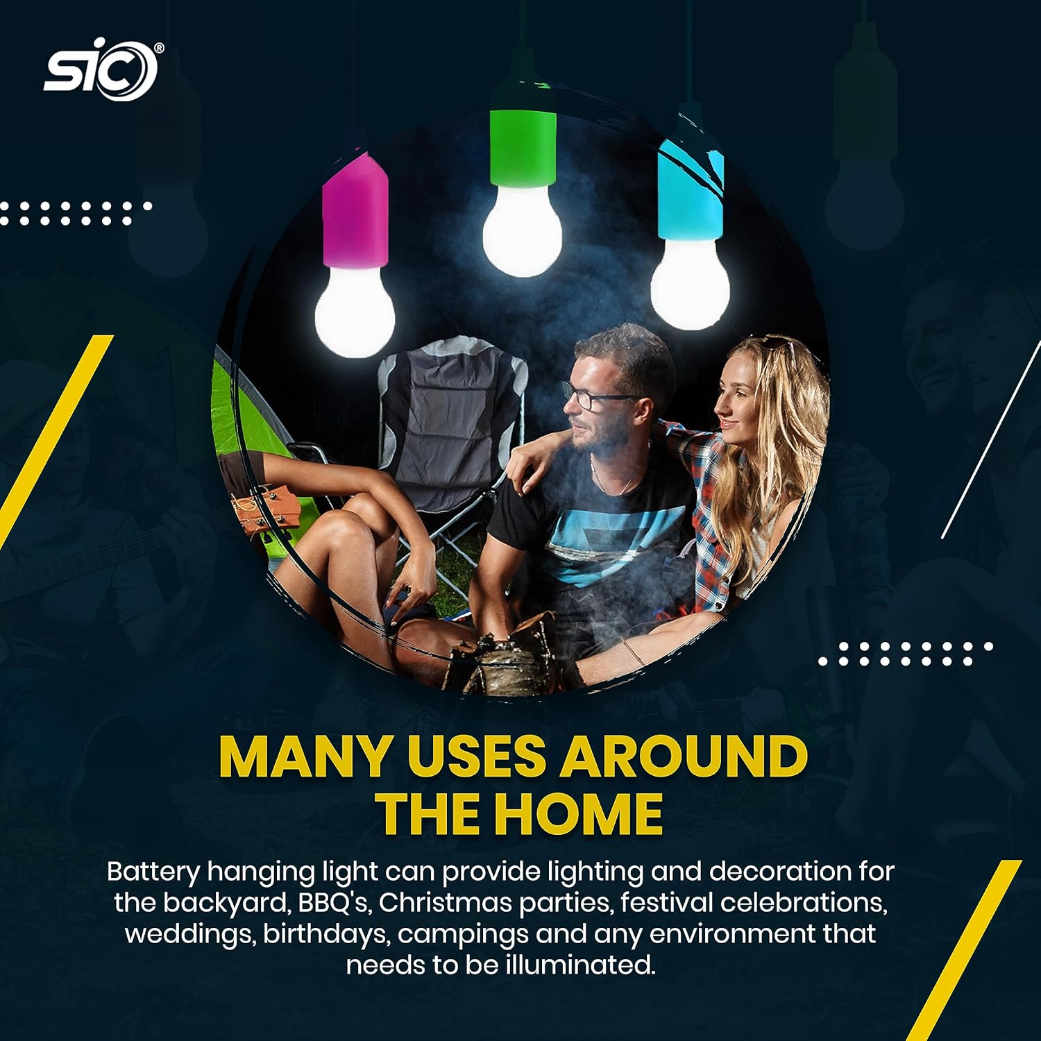 Advertisement for a battery hanging light with people and colorful lights, featuring SIO brand.