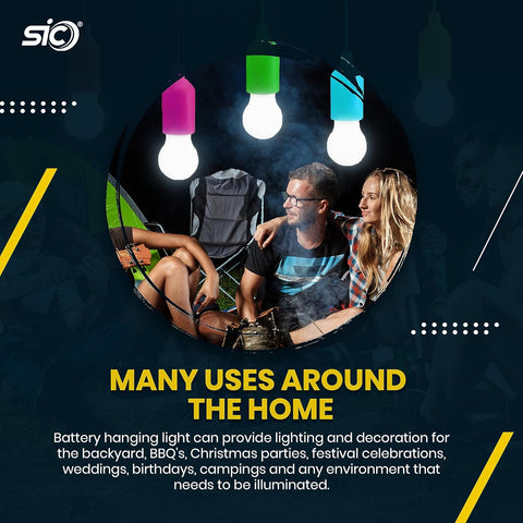 Advertisement for a battery hanging light with people and colorful lights, featuring SIO brand.