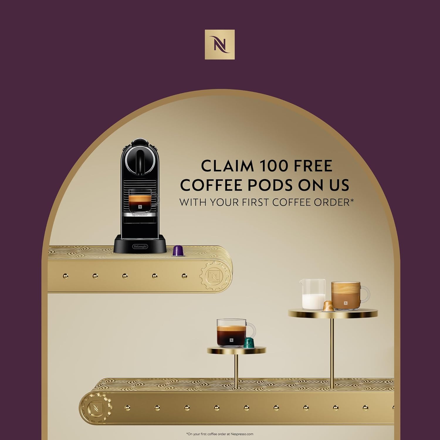 Advertisement for a coffee machine with a glass of coffee and free coffee pods offer on a purple background.