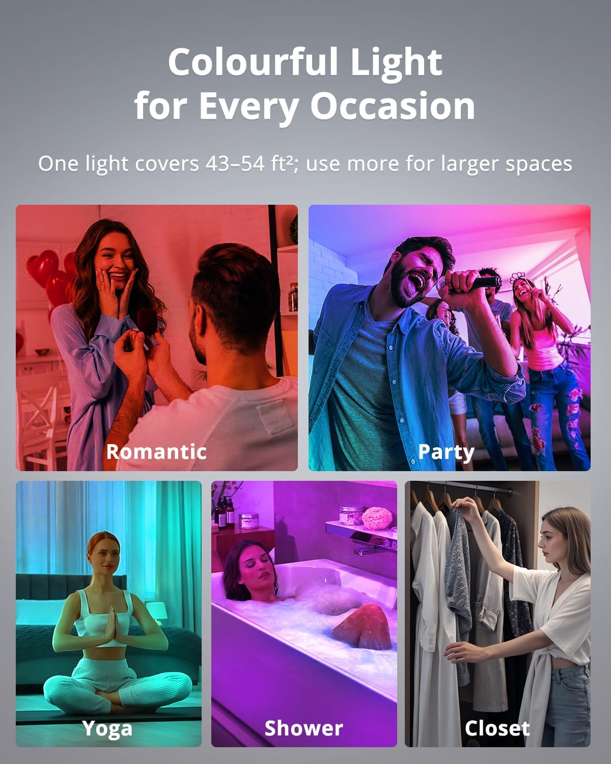 Advertisement for a colorful light product with different scenes and text.