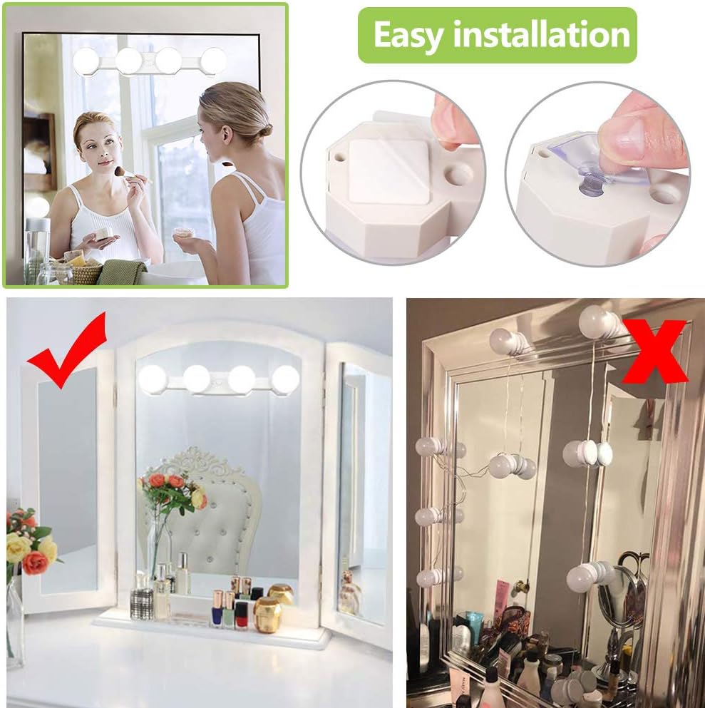 Advertisement for vanity mirror light kit with installation instructions and before/after images.