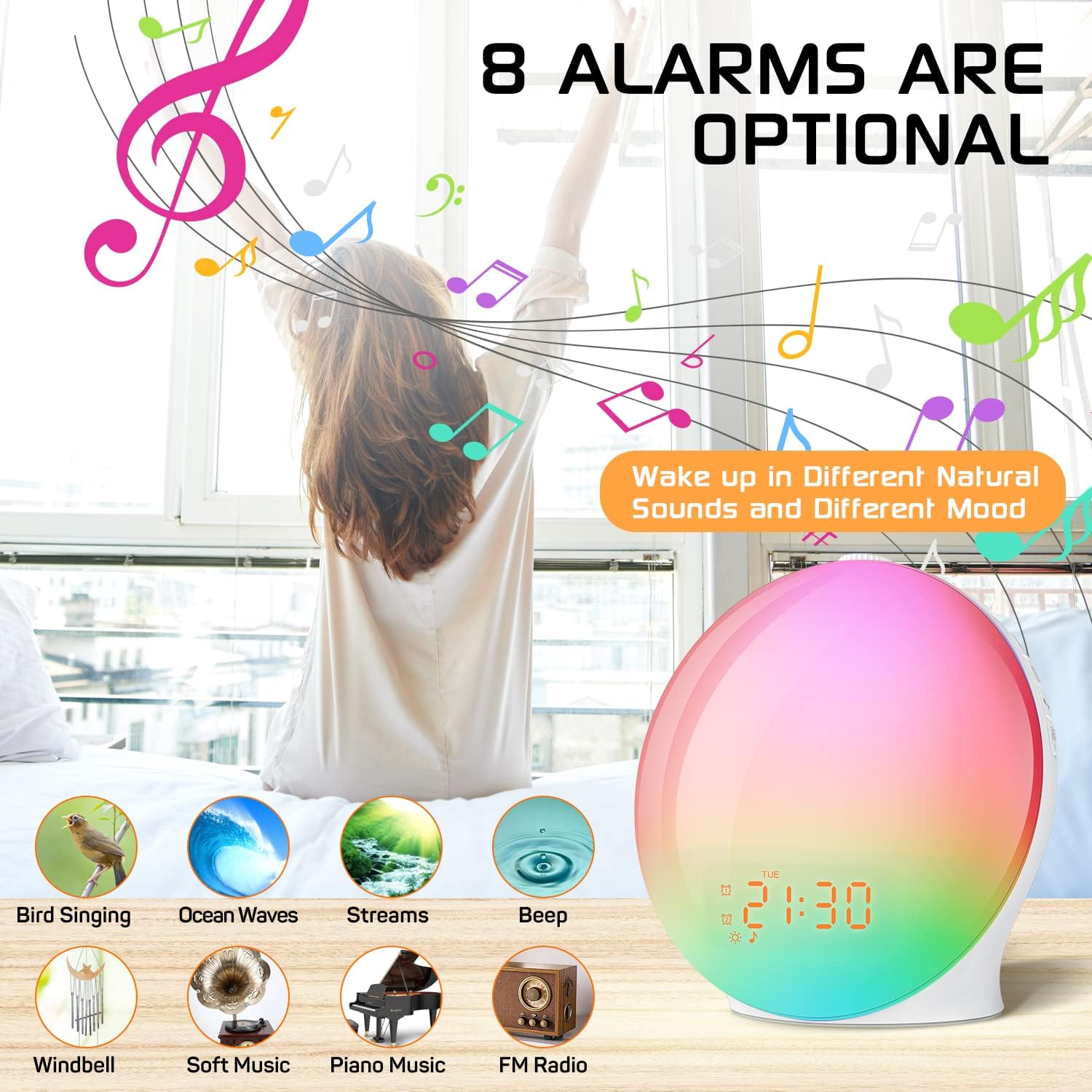 Alarm Clock Wake Up Light with Sunrise/Sunset Simulation Dual Alarms and Snooze Function, 7 Colors Atmosphere Lamp, 7 Natural Sounds and FM Radio, Built-in Phone Charging Port