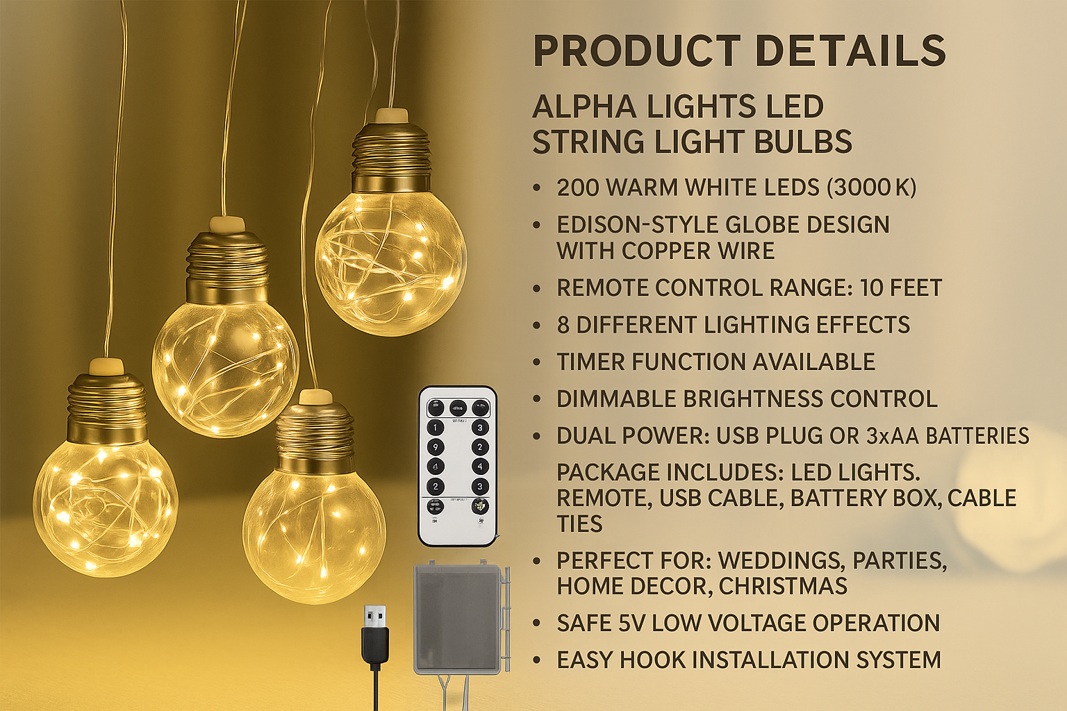 Alpha Lights LED string light bulbs with remote control on a gold background