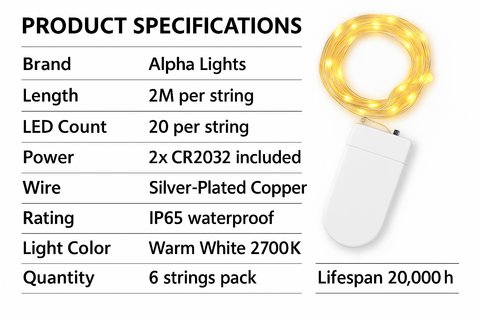 Alpha Lights LED string light with specifications on a white background