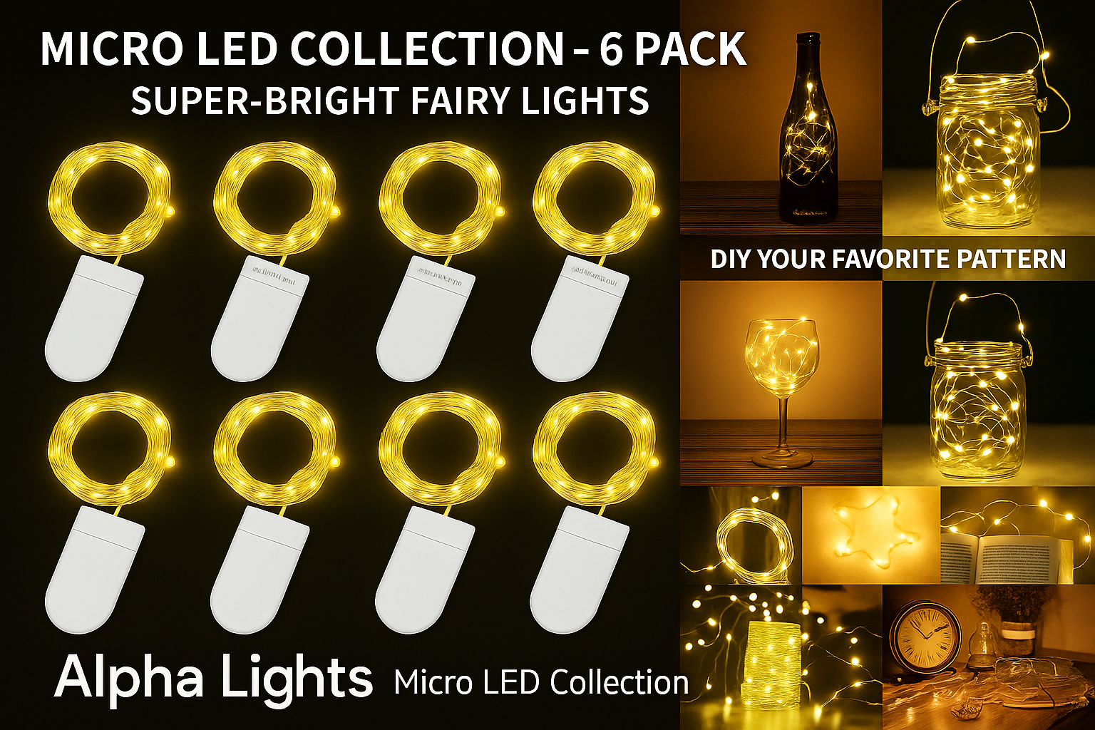 Alpha Lights Micro LED Collection fairy lights with packaging and usage examples.