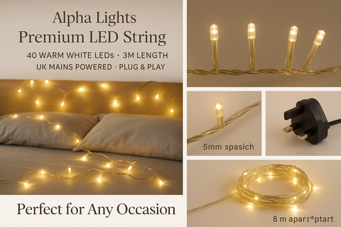 Alpha Lights Premium LED String with plug, spachis, and usage examples.