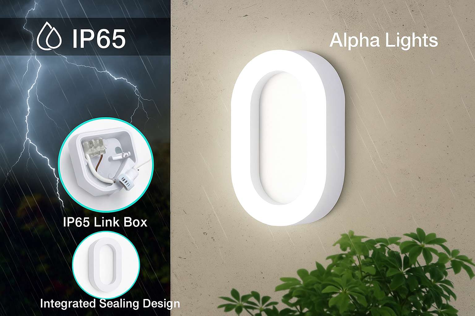 Alpha Lights outdoor light fixture with IP65 rating and link box on a beige wall.