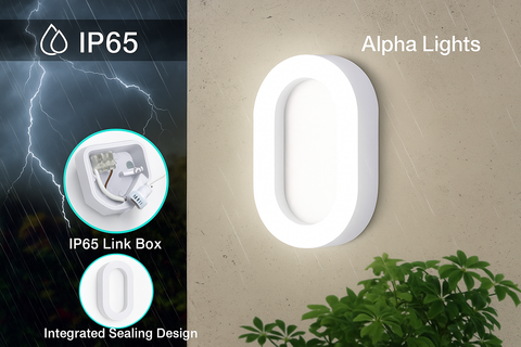 Alpha Lights outdoor light fixture with IP65 rating and link box on a beige wall.