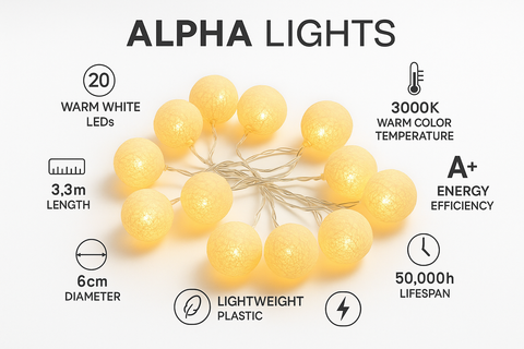 Alpha Lights string lights with specifications on a white background