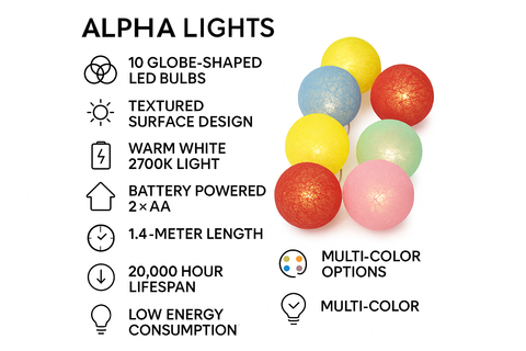Alpha Lights with colorful globe-shaped LED bulbs on a white background
