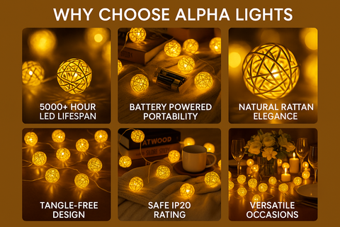 Alpha Lights with features highlighted on a brown background