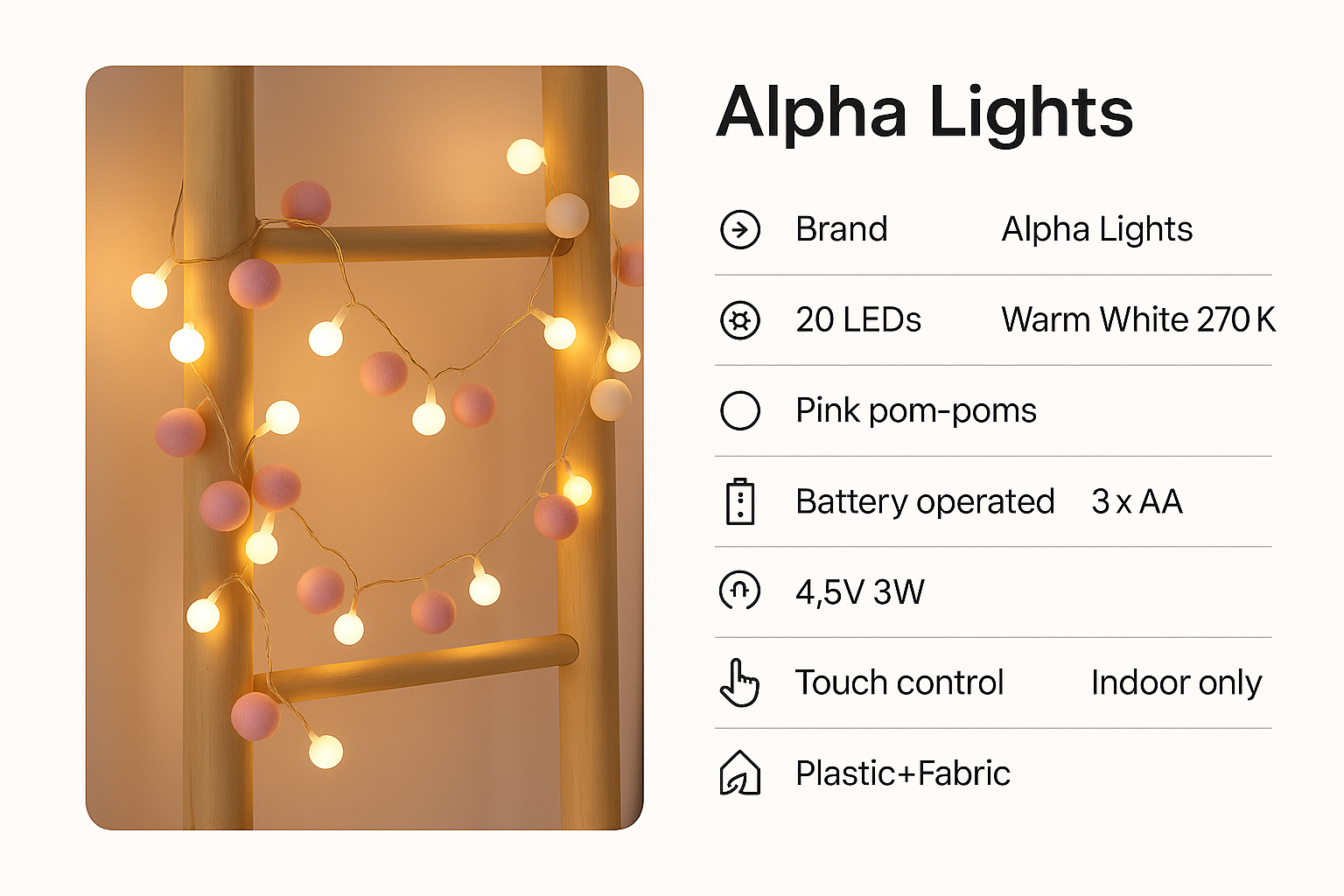 Alpha Lights with pink pom-poms and battery operation details on a white background