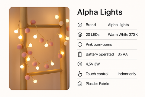 Alpha Lights with pink pom-poms and battery operation details on a white background