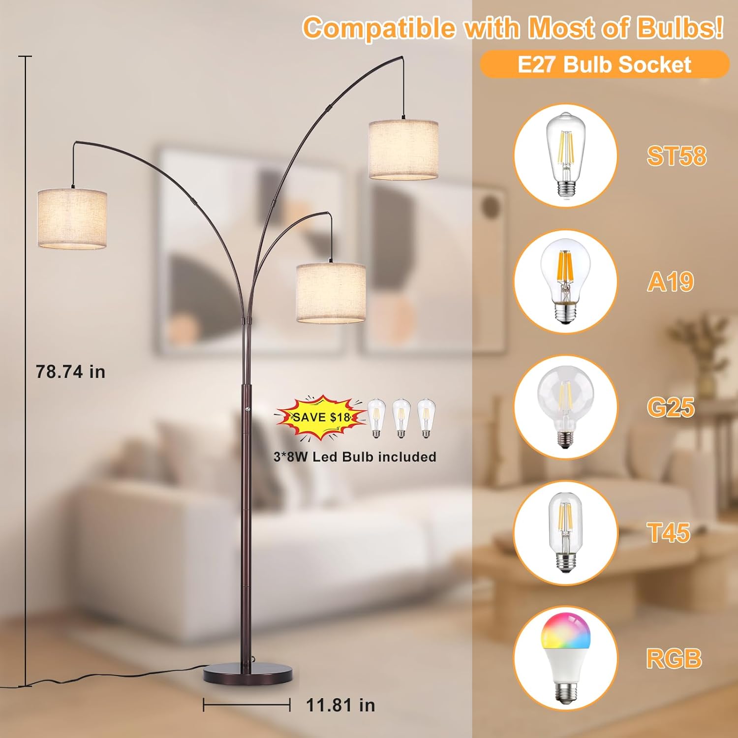 Arc floor lamp with measurements and bulb compatibility on a blurred background