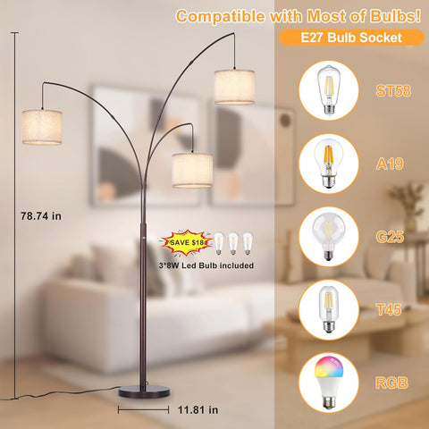 Arc floor lamp with measurements and bulb compatibility on a blurred background