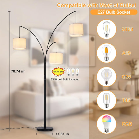 Arc floor lamp with multiple bulb compatibility options in a room setting.
