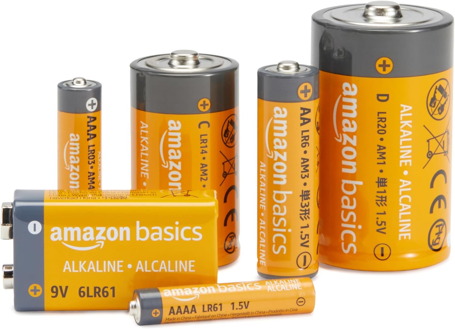 Assorted Amazon Basics batteries including AAA, C, AA, D, and 9V on a white background.