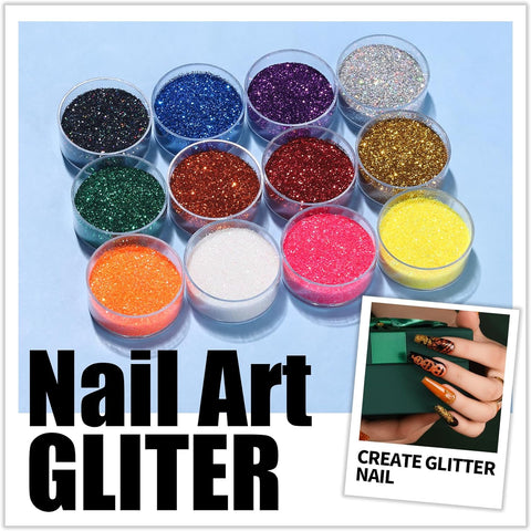 Assorted nail art glitter in small jars with a close-up of nails wearing glitter designs.