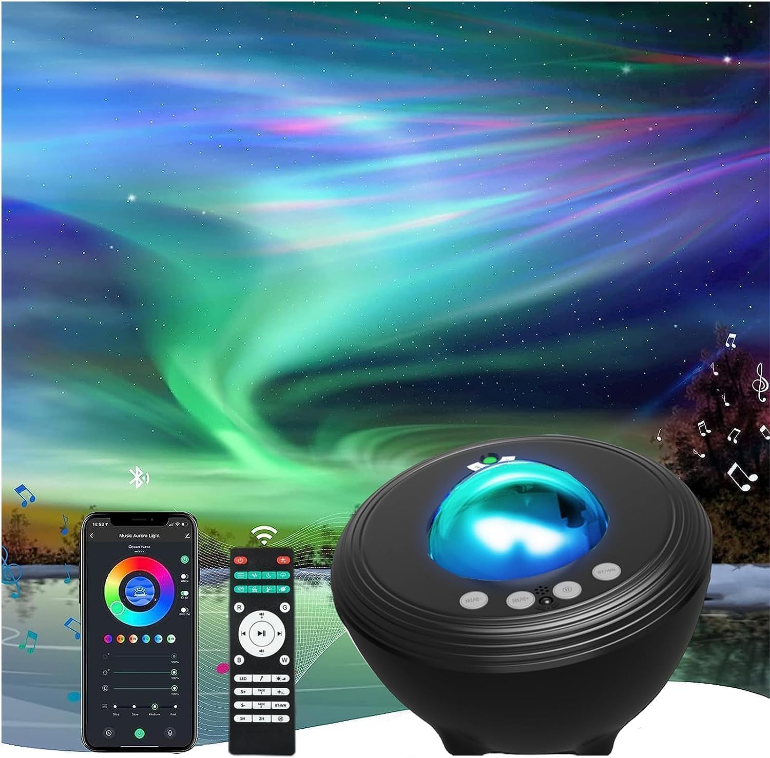 Astronomy projector with remote control and smartphone app on a scenic background