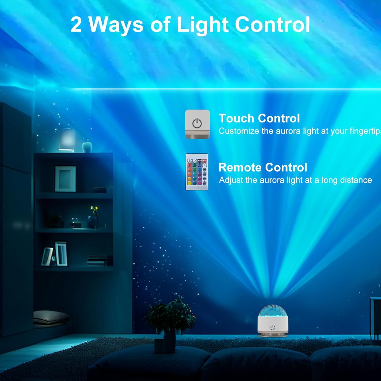 Aurora light projector with touch and remote control options in a dark room.