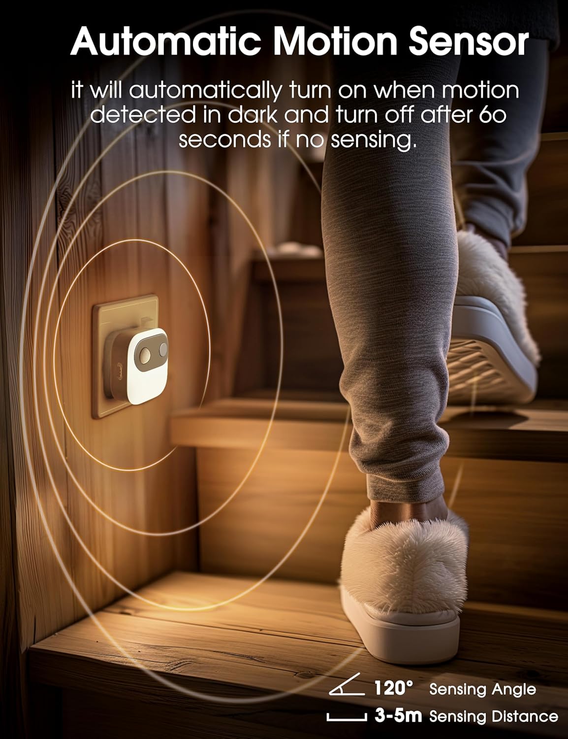 Automatic motion sensor light switch with person walking up stairs, sensing angle and distance displayed.