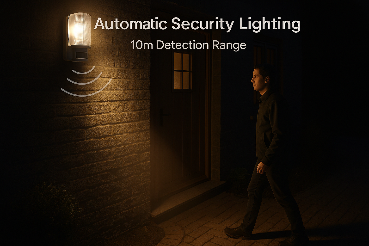 Automatic security lighting system with a person walking towards it in a dark setting.
