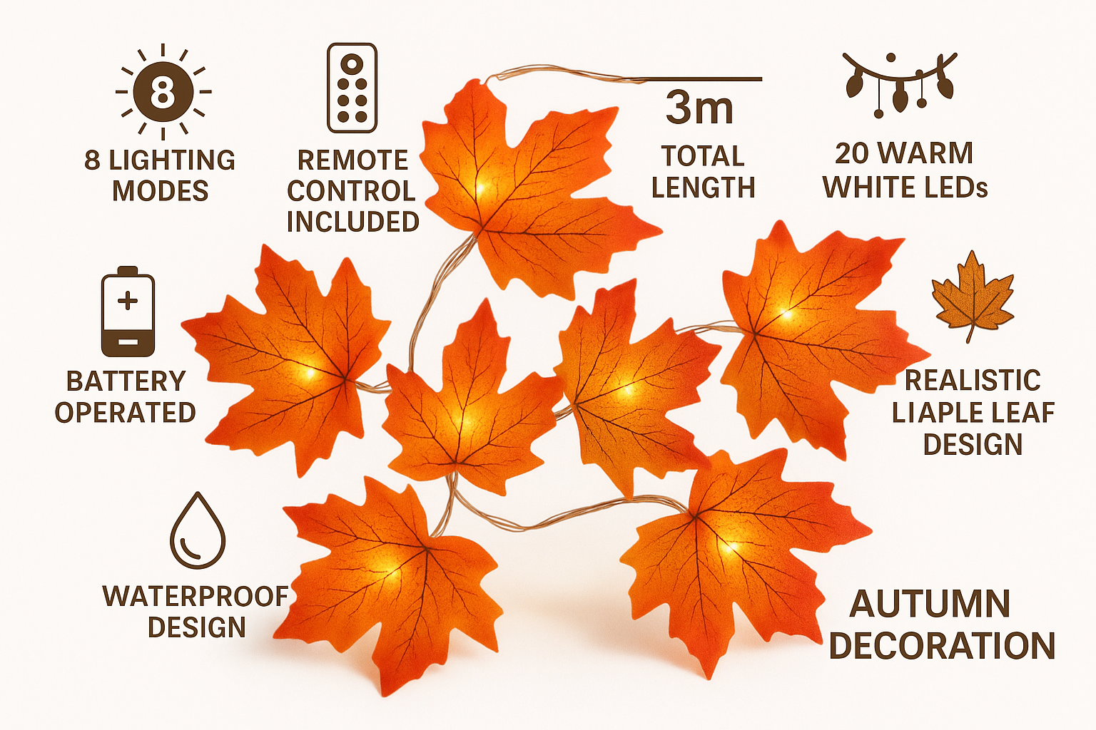 Autumn-themed LED leaf lights with features listed on a white background