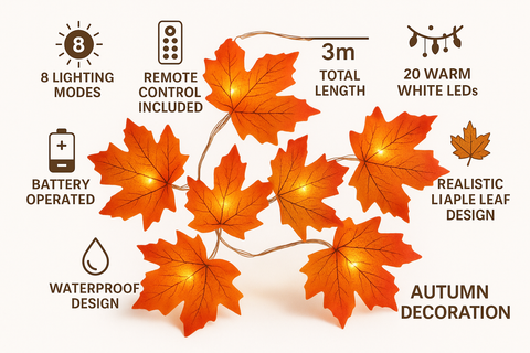 Autumn-themed LED leaf lights with features listed on a white background
