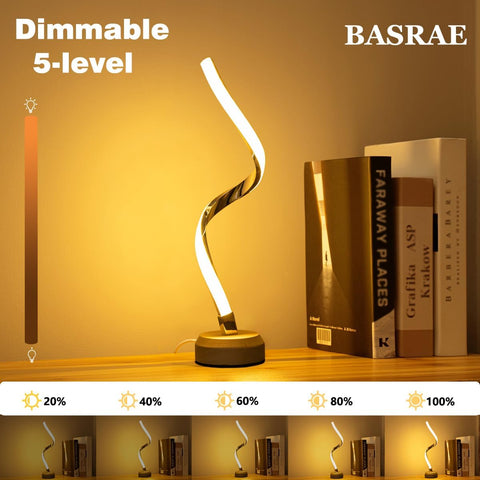 BASRAE dimmable lamp on a shelf with books, showing different light levels.