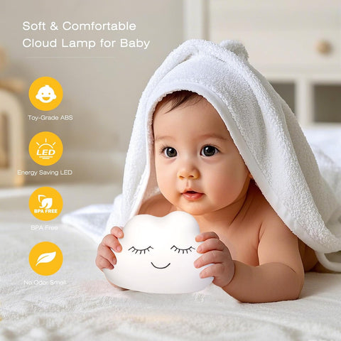 Baby holding a soft cloud lamp with features highlighted on a light background