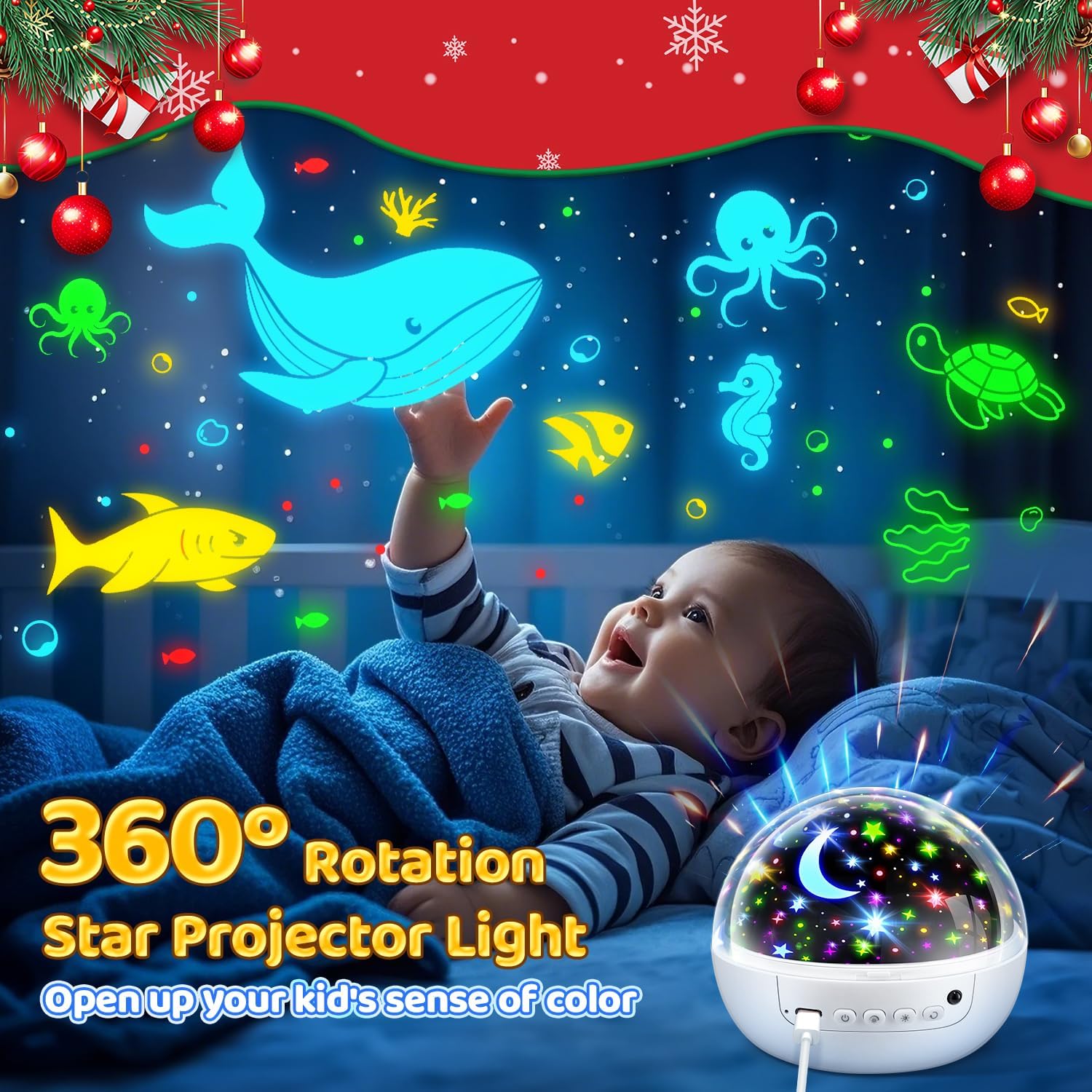 Baby lying on a bed with colorful star projector light and animated sea creatures on the wall.