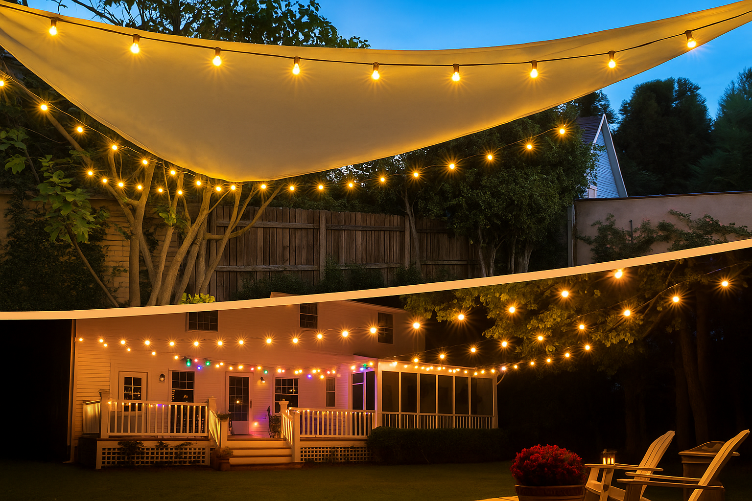 Backyard with string lights and a canopy at dusk