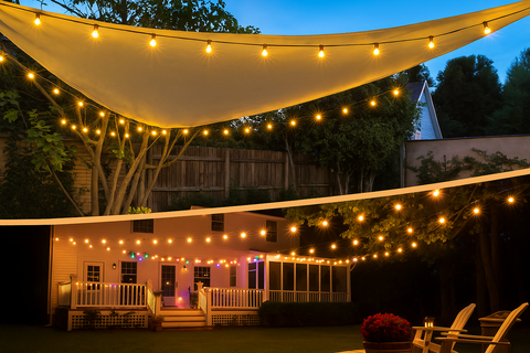 Backyard with string lights and a canopy at dusk