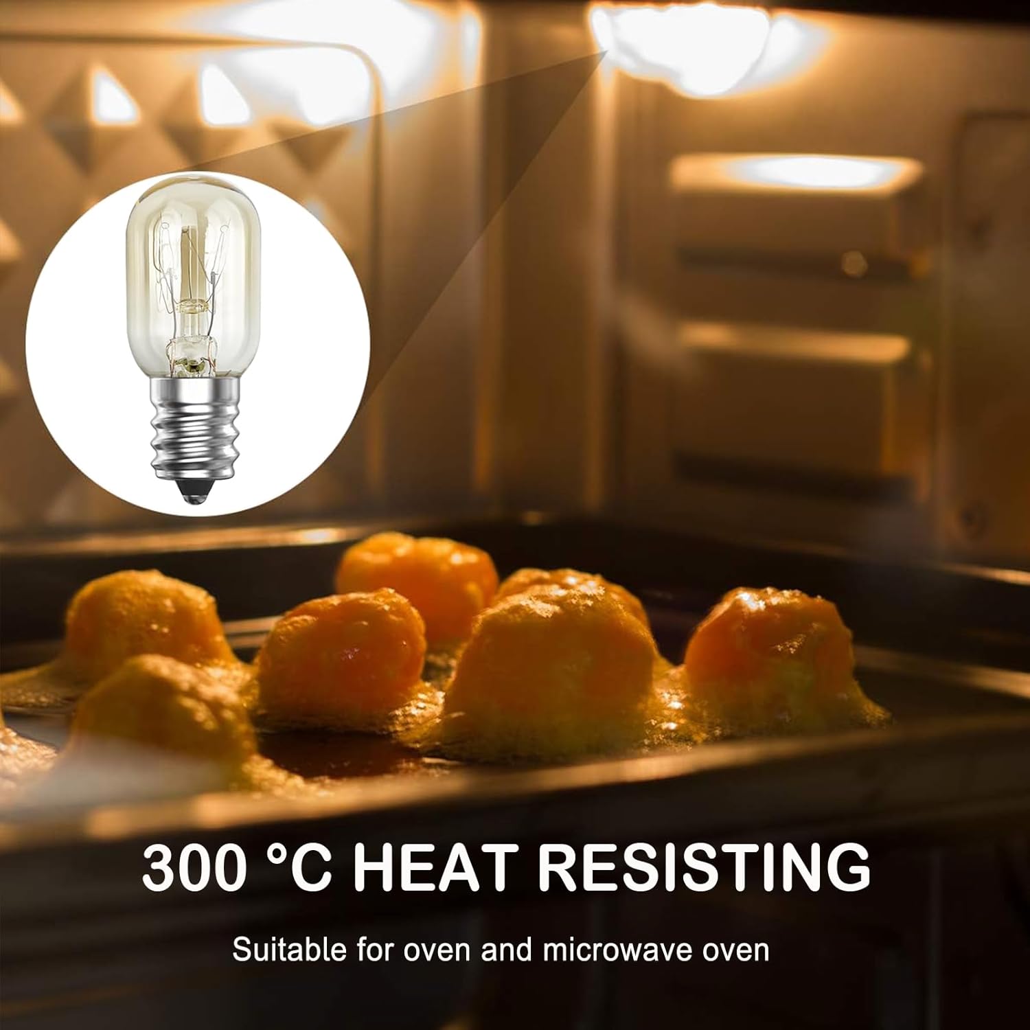 Baked goods in an oven with a close-up of a light bulb and text indicating heat resistance.