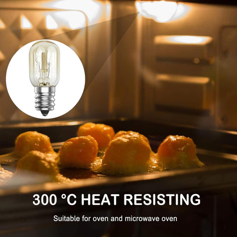Baked goods in an oven with a close-up of a light bulb and text indicating heat resistance.