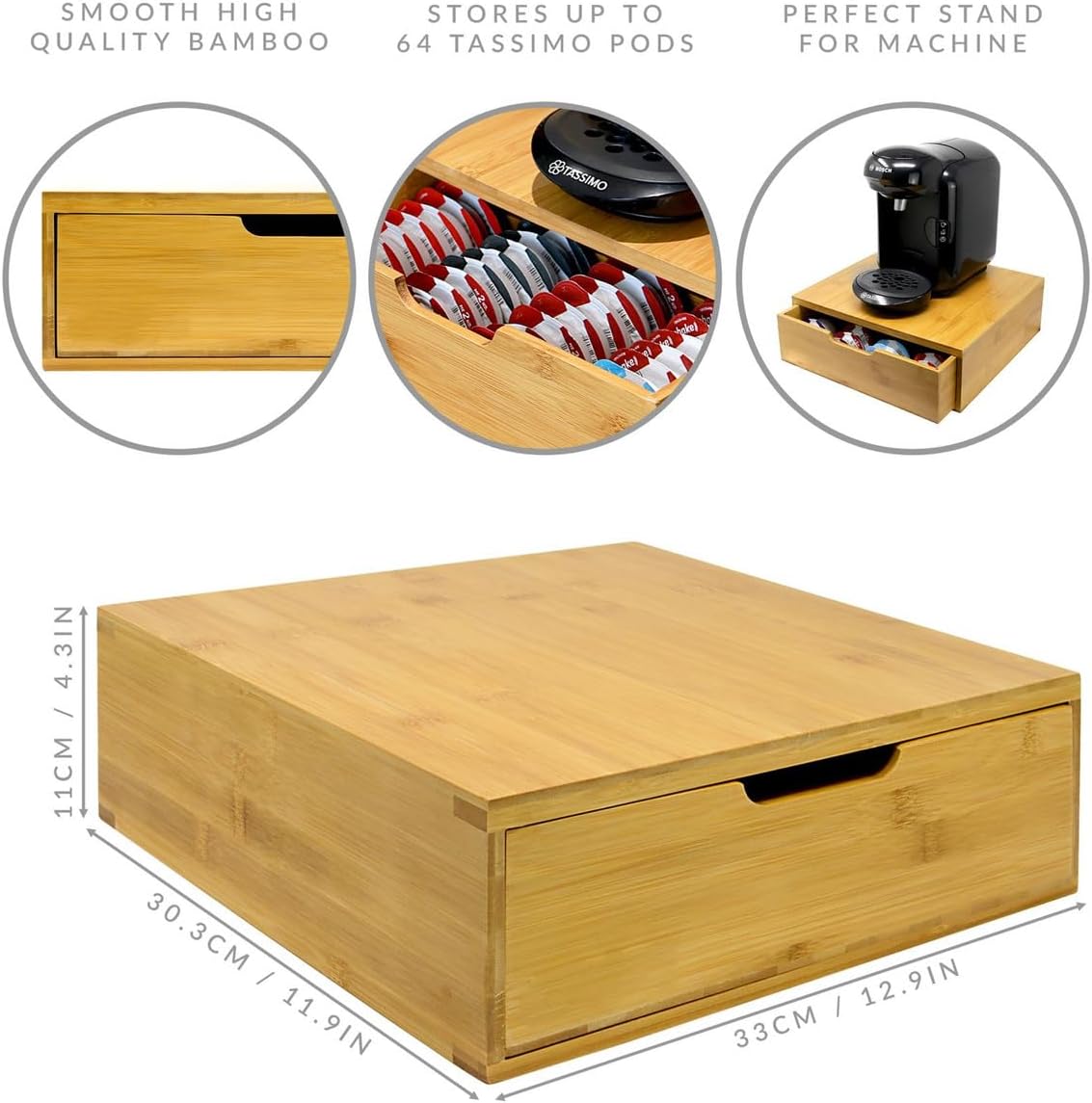 Bamboo storage box with Tassimo pod storage, dimensions, and product features.