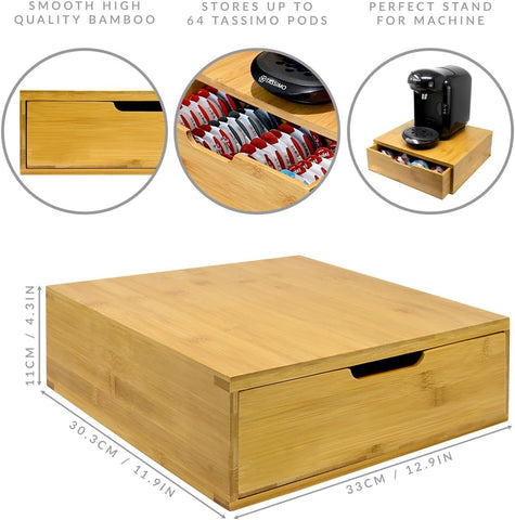 Bamboo storage box with Tassimo pod storage, dimensions, and product features.