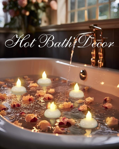 Bath tub with floating candles and petals, labeled 'Hot Bath Decor'.