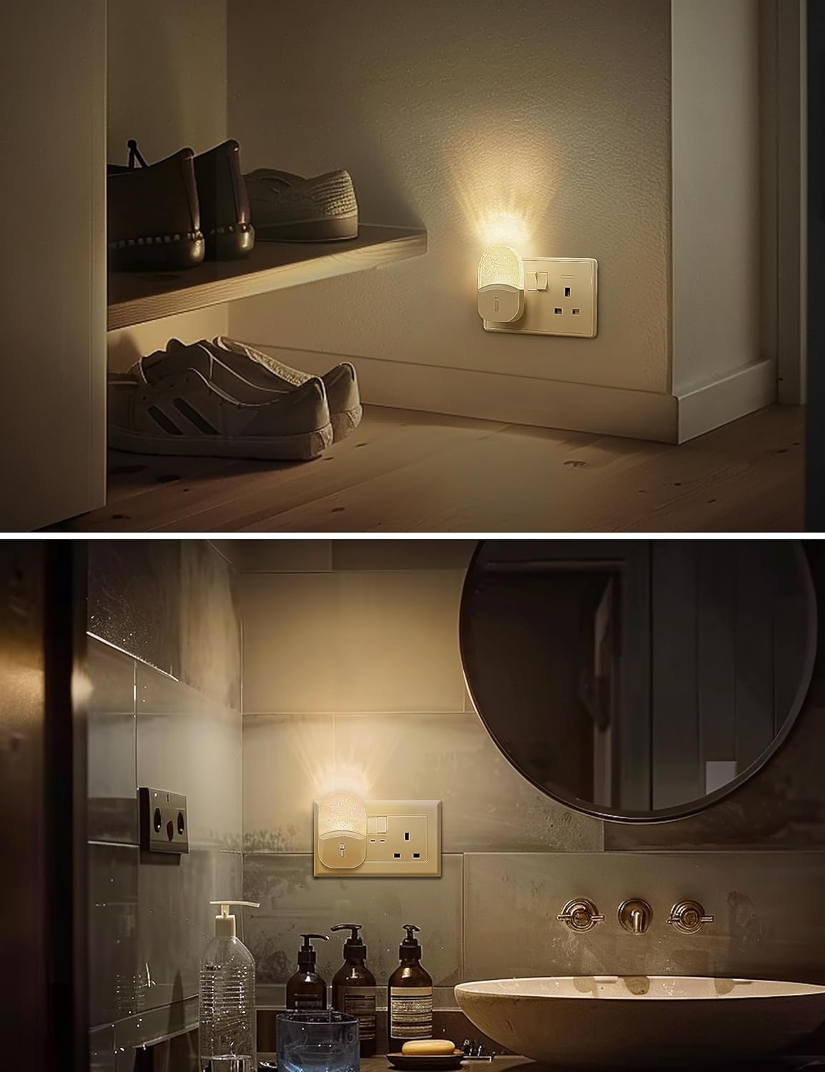 Bathroom scene with a night light fixture on the wall.