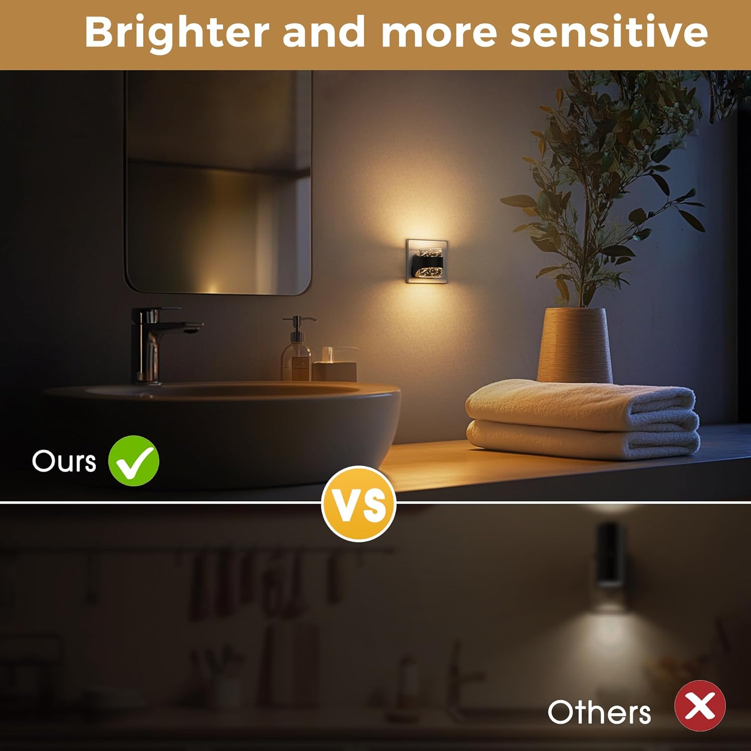 Bathroom scene with a sink, mirror, and towels, comparing 'Ours' with 'Others'.