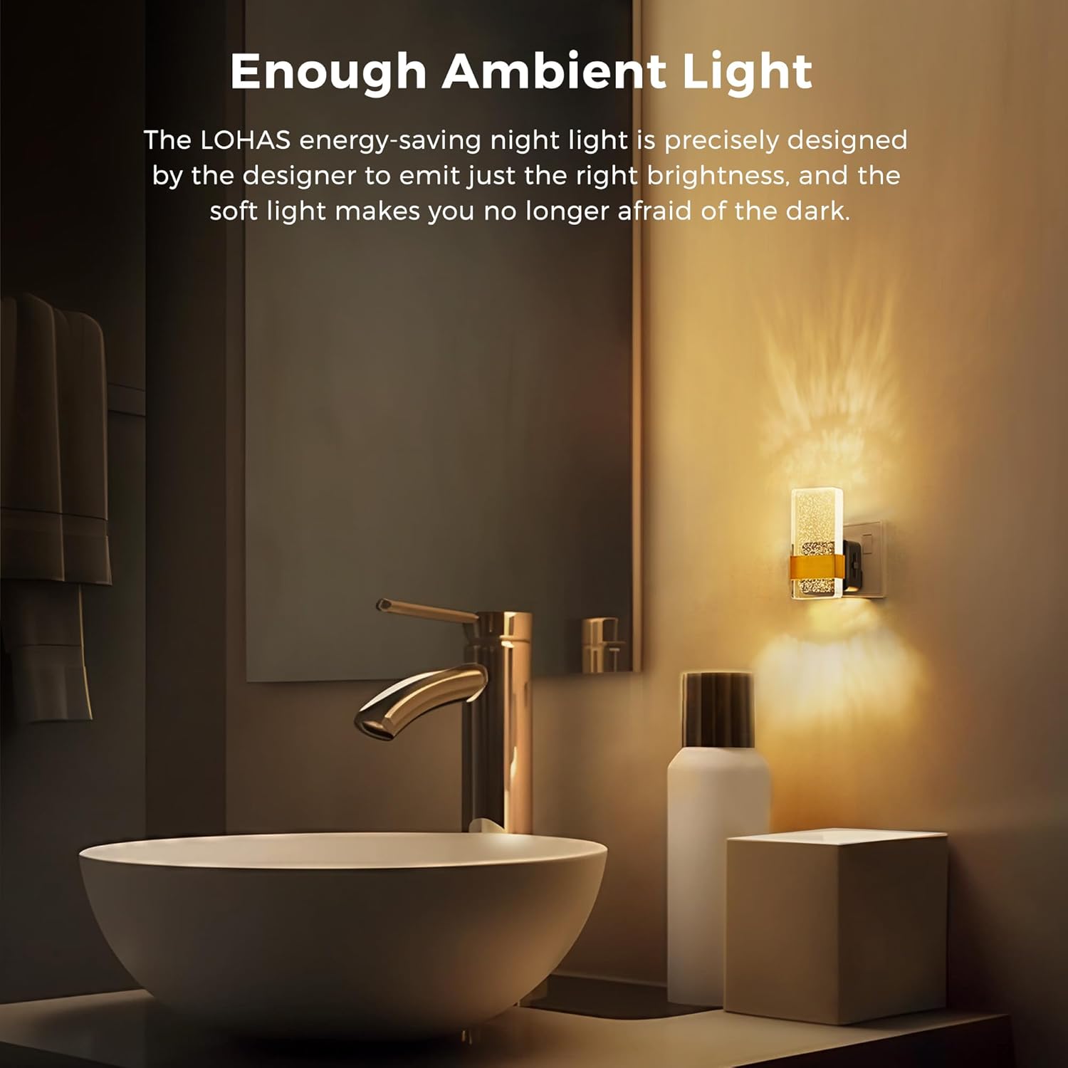 Bathroom setting with a LOHAS energy-saving night light on the wall, creating a warm ambiance.