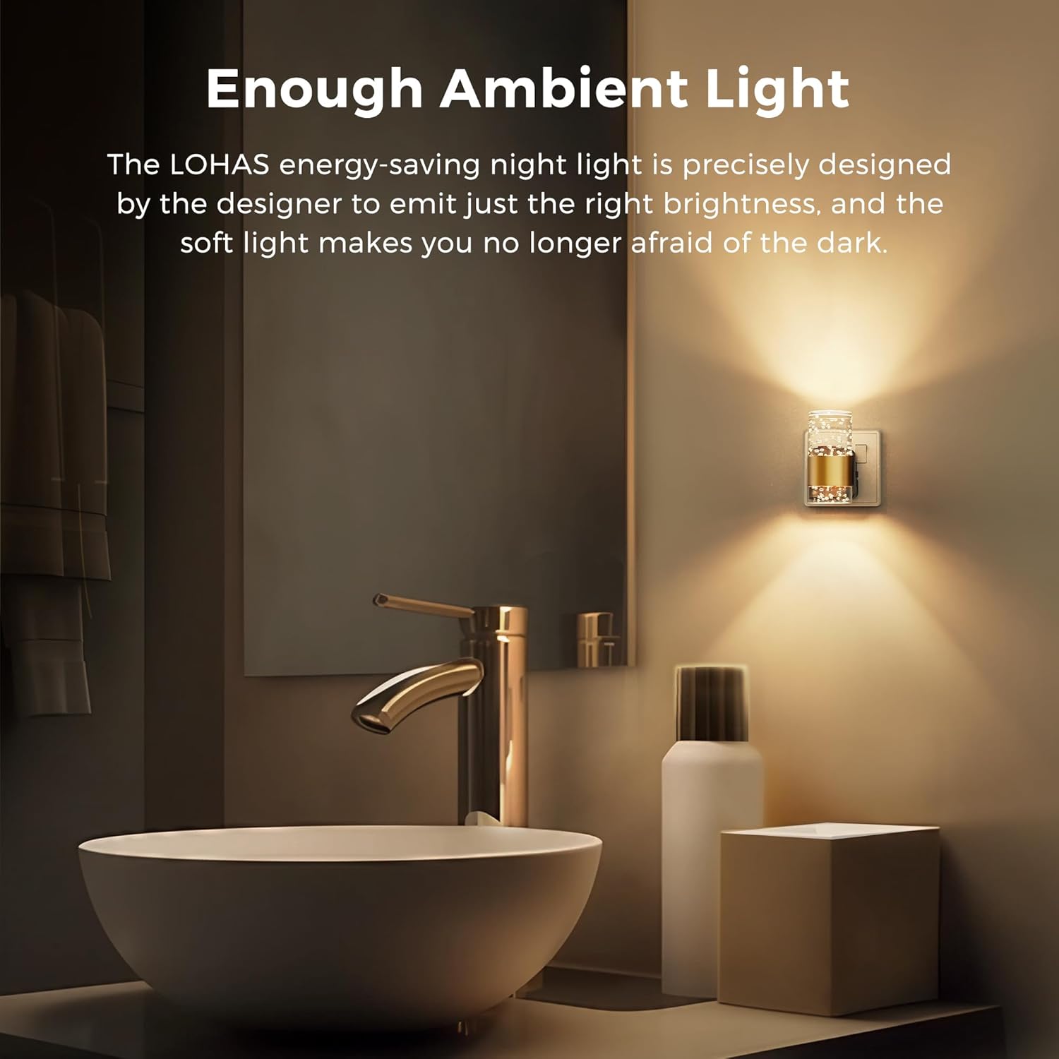 Bathroom setting with a LOHAS energy-saving night light on the wall, emitting a warm glow.