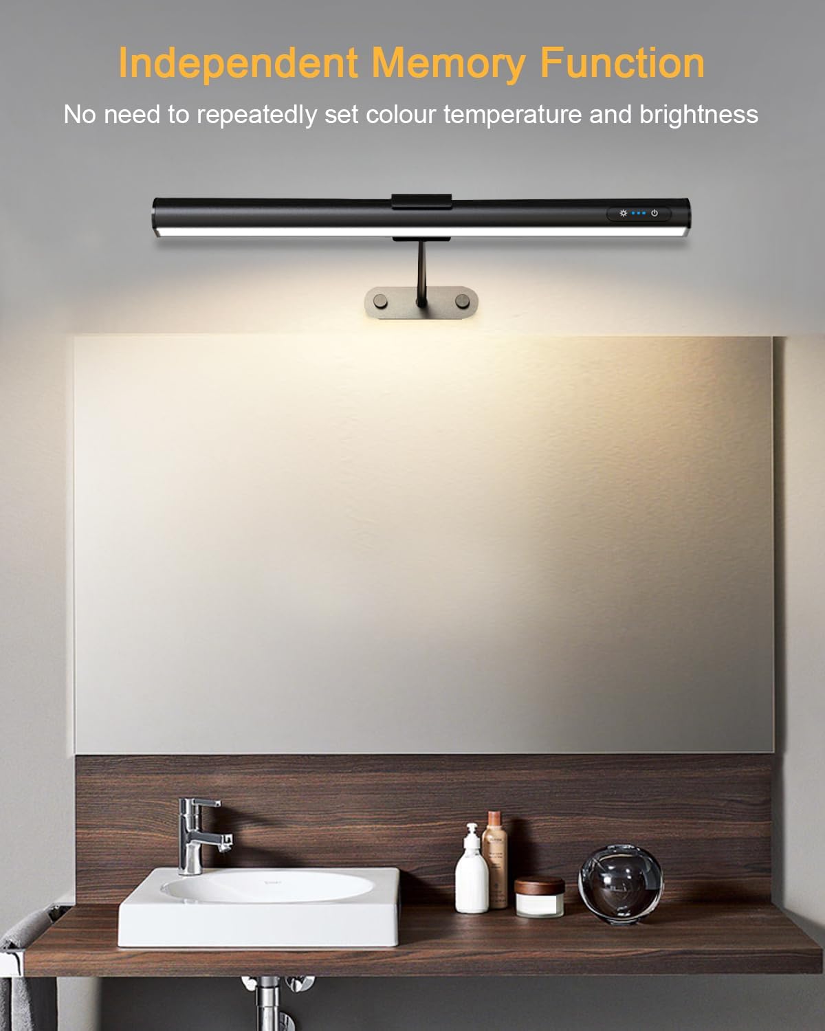 Bathroom setting with a light fixture above a sink, emphasizing independent memory function.