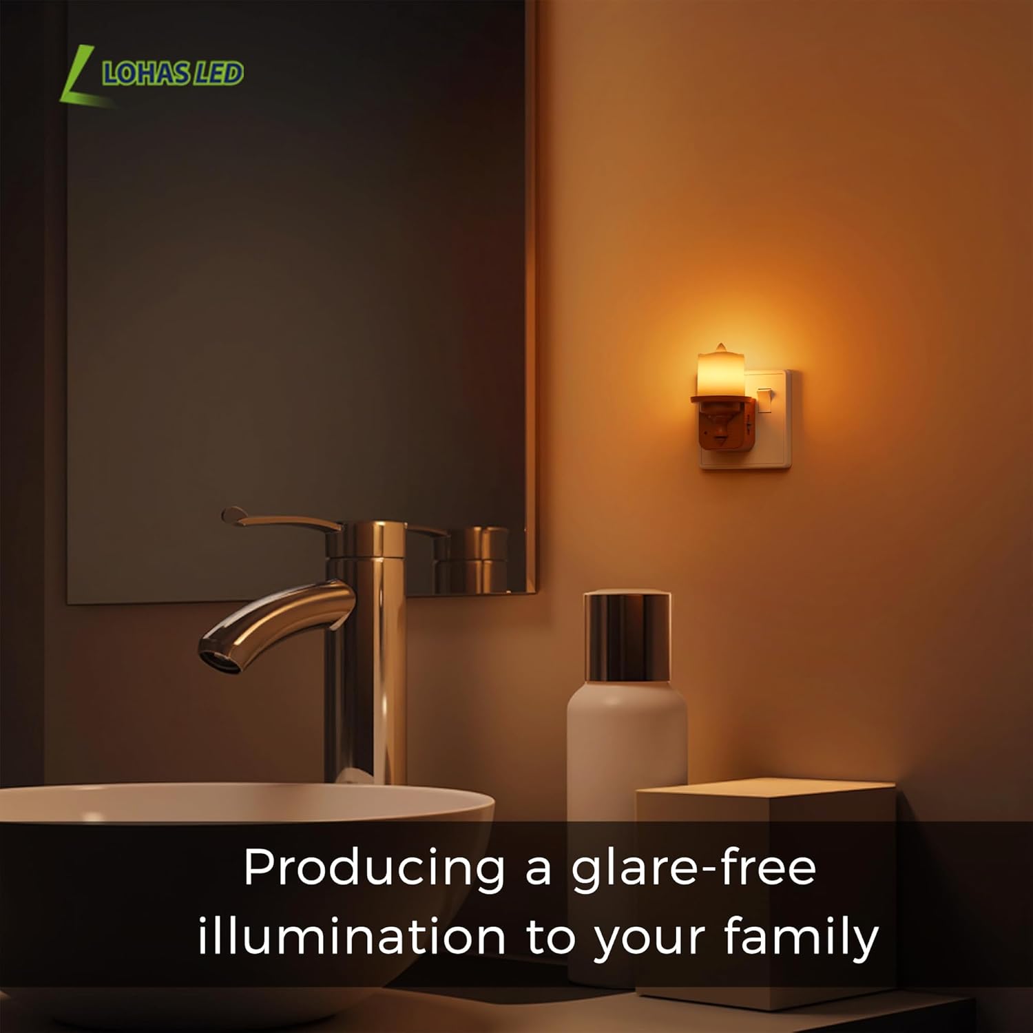 Bathroom setting with a mirror, faucet, and wall light, featuring Lohas LED branding.