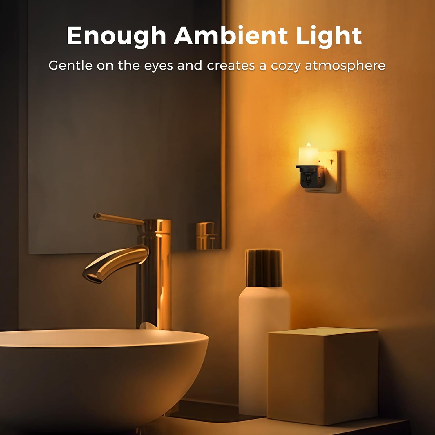 Bathroom setting with a wall light fixture casting a warm glow, text 'Enough Ambient Light' displayed.