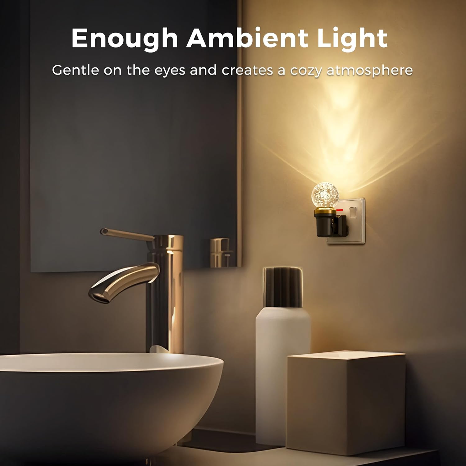Bathroom setting with a wall light fixture, sink, and mirror, emphasizing ambient light.