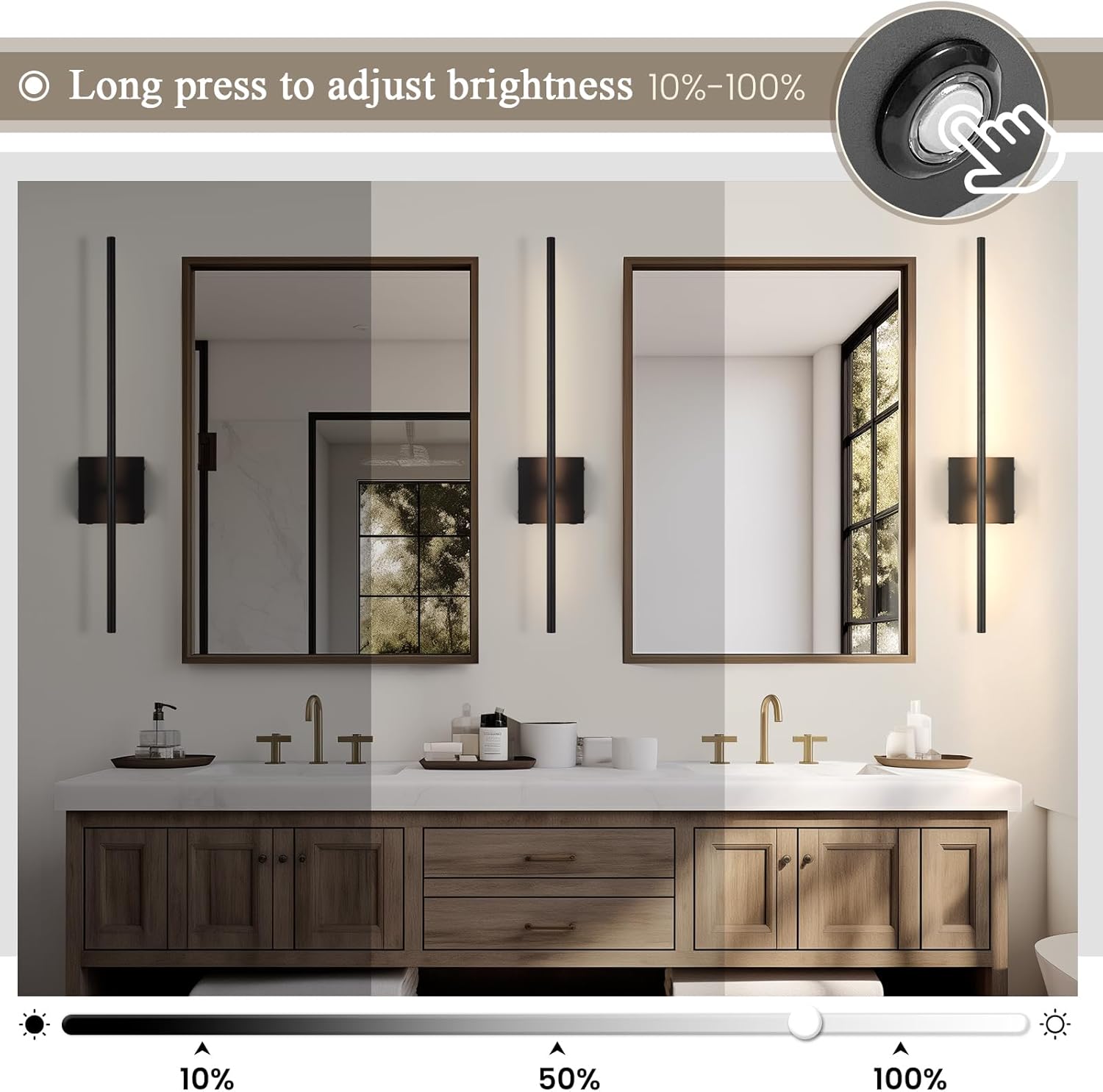 Bathroom vanity with mirrors, lights, and fixtures in a modern setting.